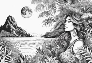 sleeve tattoo with jungle plants and Vegvisir, moon and beach tattoo idea