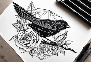 A dark sparrow tattoo with geometric shapes to cover a rose tattoo idea
