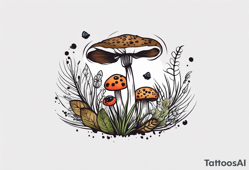 minimalistic forest floor inspired tattoo, which includes grass, moss, curly ferns and dead leaves as the bulk of the tattoo. details to include: forest berries, couple of very small brown mushrooms, a tiny bumblebee flying nearby tattoo idea