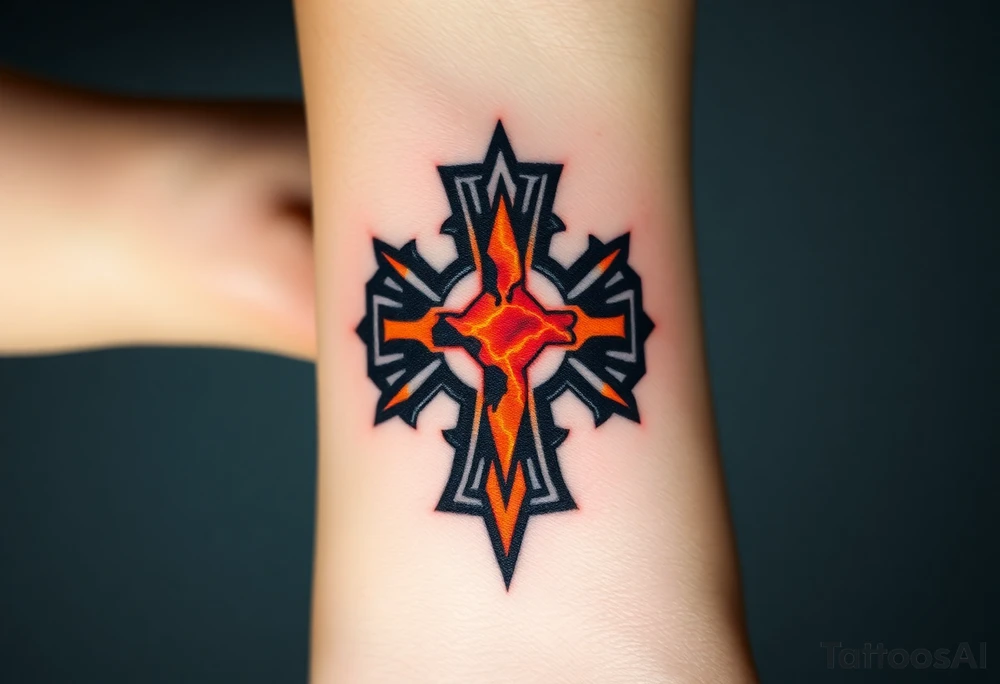 A cracked obsidian Maltese cross with lava glowing through the fractures, symbolizing power and transformation tattoo idea
