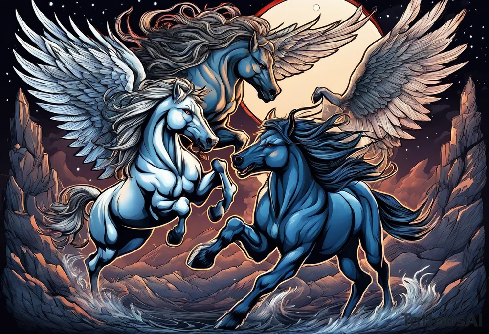 Muscular werewolf and Pegasus fighting in the night tattoo idea