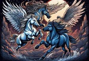 Muscular werewolf and Pegasus fighting in the night tattoo idea
