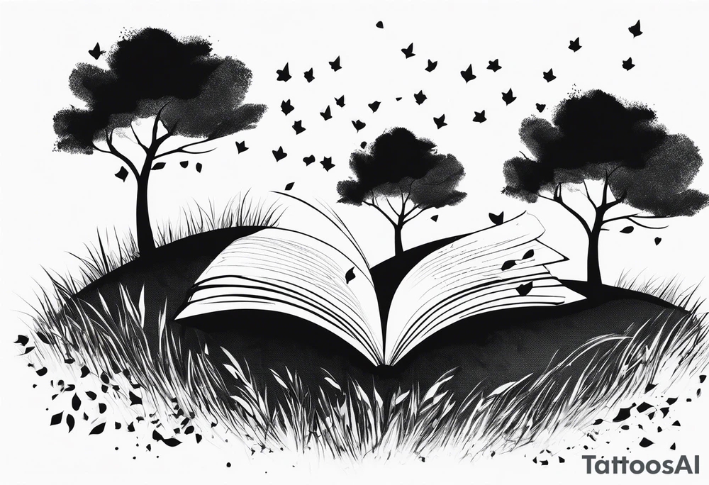 3 trees on a grassy hill with leaves blowing away in the breeze. The leaves transform into tiny pages torn out of a book. tattoo idea