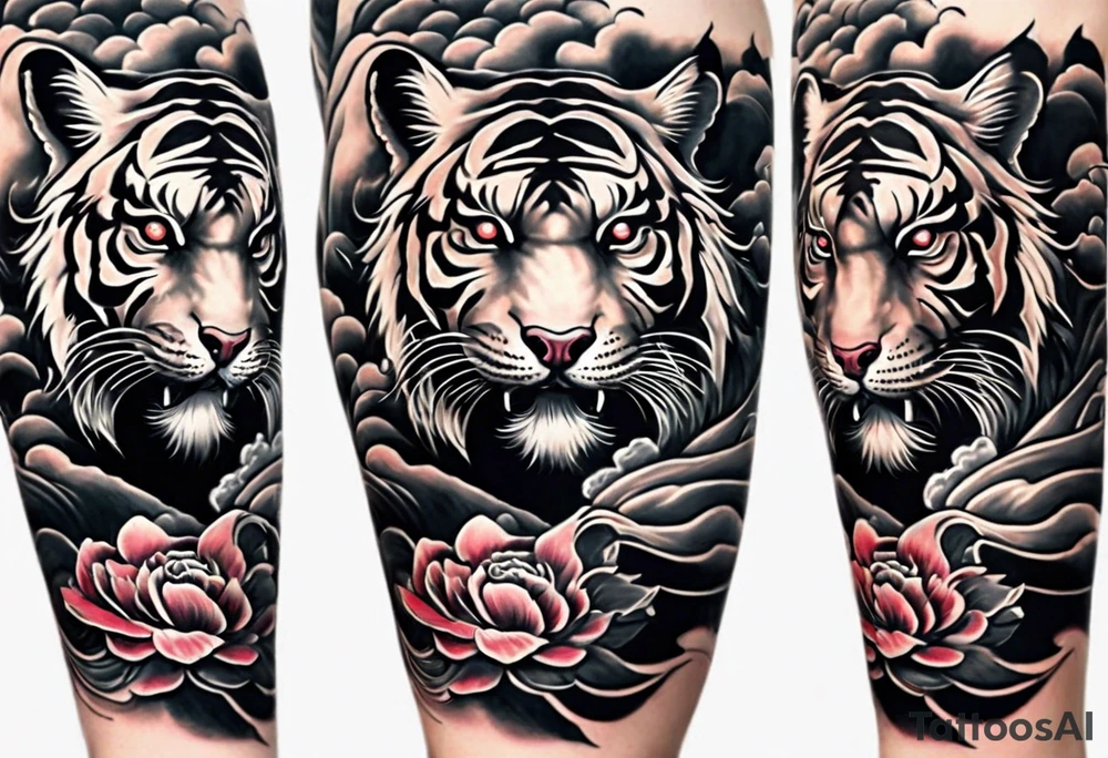 Asian Japanese Chinese style tiger with a full body not just head twisting body for a forearm half sleeve, clouds tattoo idea