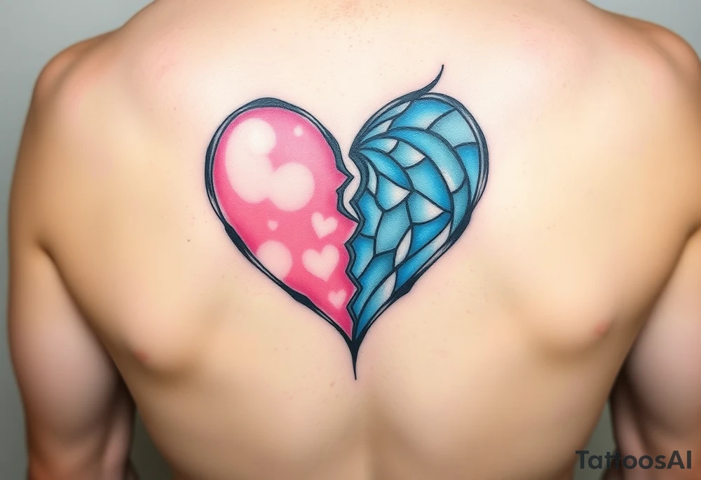 Half Pink and half  blue incomplete love heart tattoo idea