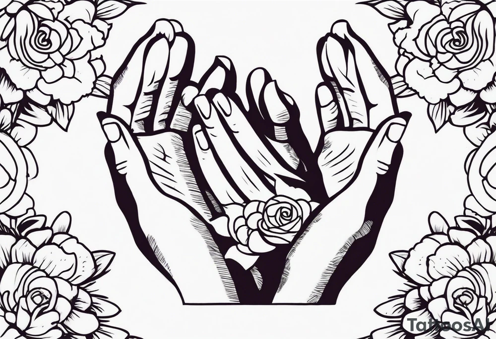 hands praying with flowers simple bold tradional old school style bold colors tattoo idea