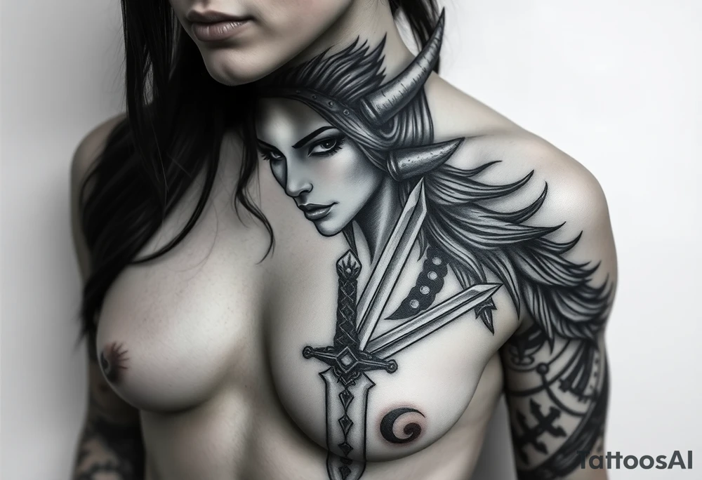 Feminine Tattoo dark female warrior with dagger and realistic horns just barley touching collarbone with a lot of shading tattoo idea