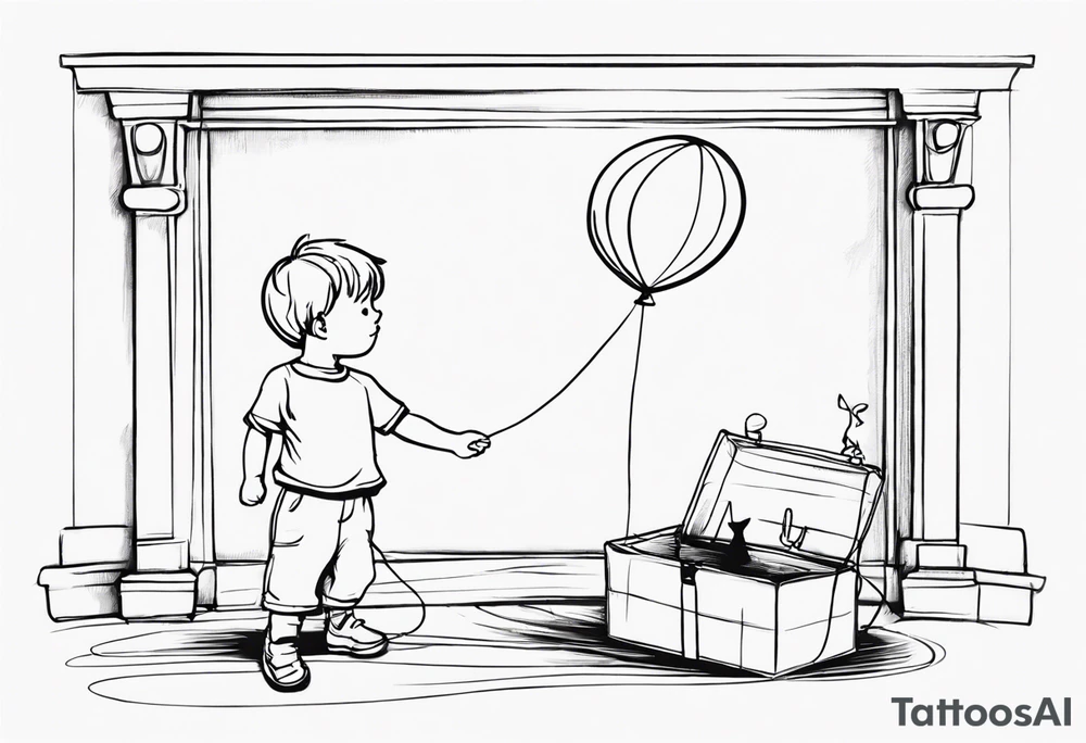 tatoo in sketch style only.
A little boy is holding a string to the hearth shaped small party baloon.
boy should be drawed from behind and has one hand reaching up in 45 degree angle and holding the baloon string
On the string is a wave which look like a hearbeat pulse.
draw it without any scenery, without any background. Just a boy tattoo idea