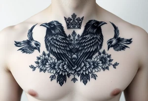 Chest tattoo,powerful majestic ravens with a crown, surrounded by floral ornaments and birds tattoo idea