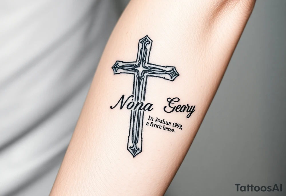 A cross with my grandparents name Anne, Nora, George and add this bible verse Joshua 1:9: "Be strong and courageous. Do not be afraid; do not be discouraged, for the Lord your God will be with you wherever you go tattoo idea