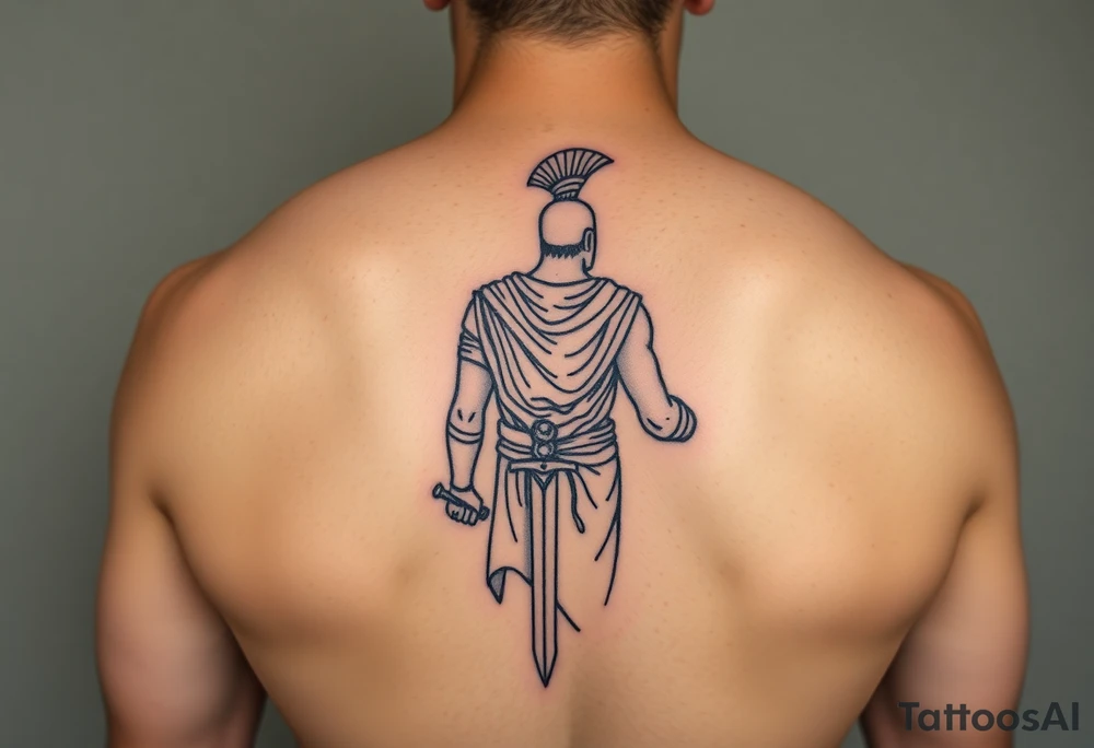 roman gladiator from behind near an arena with a short sword in his hand tattoo idea