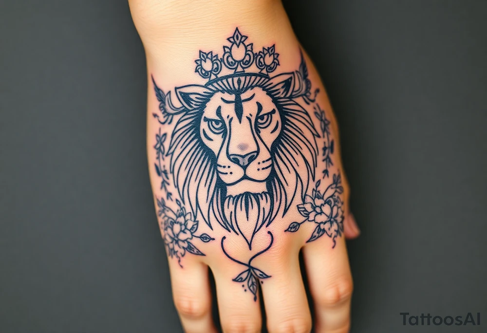 powerful majestic lion with a crown, surrounded by floral ornaments and birds tattoo idea