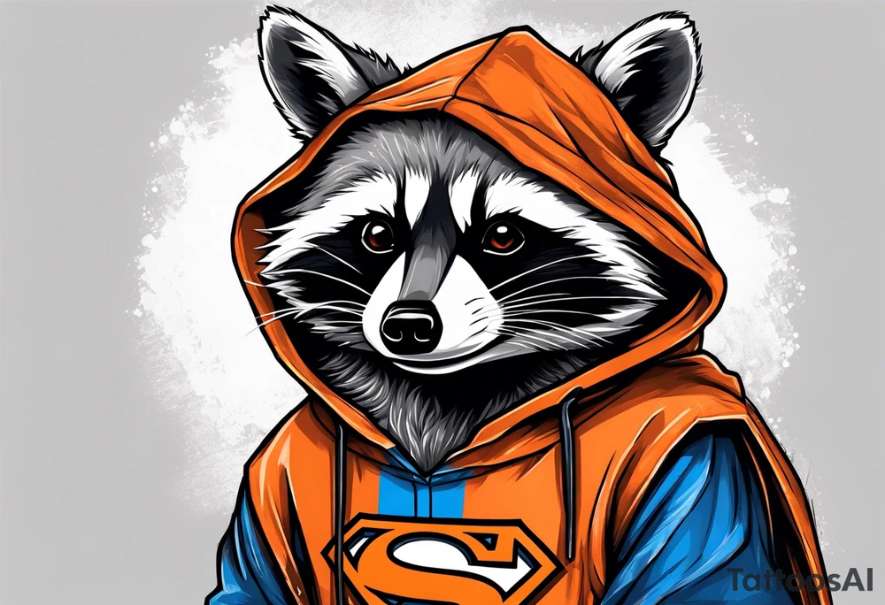 Raccoon wearing an orange Superman hoodie tattoo idea