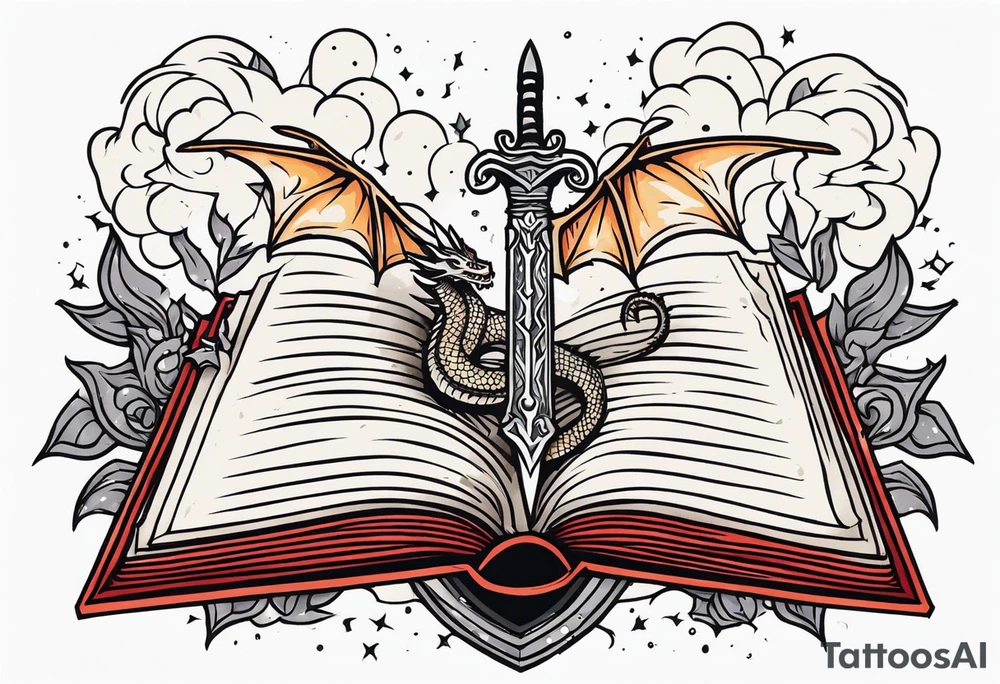 an open book with a sword through it, dragons and sparks surrounding the book. small design tattoo idea