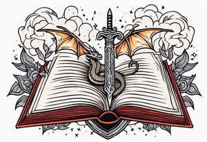 an open book with a sword through it, dragons and sparks surrounding the book. small design tattoo idea