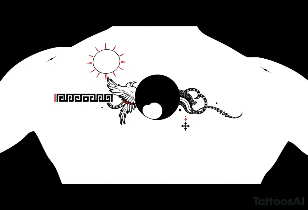 "Ultra-thin black and red line art tattoo band (ratio 10:1), seamless wrap-around forearm design.  
Main pattern: Greek meander (key pattern) as a single continuous line with sharp angles.  
Integrated symbols (minimalist, no realism):  
- Top edge: Red sun (◍) and phoenix (〉〉〉) as part of the meander.  
- Bottom edge: Black moon (◑) and ouroboros snake (⸙⸙).  
- Hidden: Alien glyph (△◯△) near moon, Bagua trigrams (☲) in corners.  

Style: Pure line art, 1px thin lines, dotwork accents. No shading, no background, no disconnected elements.  
Technical: Perfectly repeatable pattern, 360° seamless connection." tattoo idea