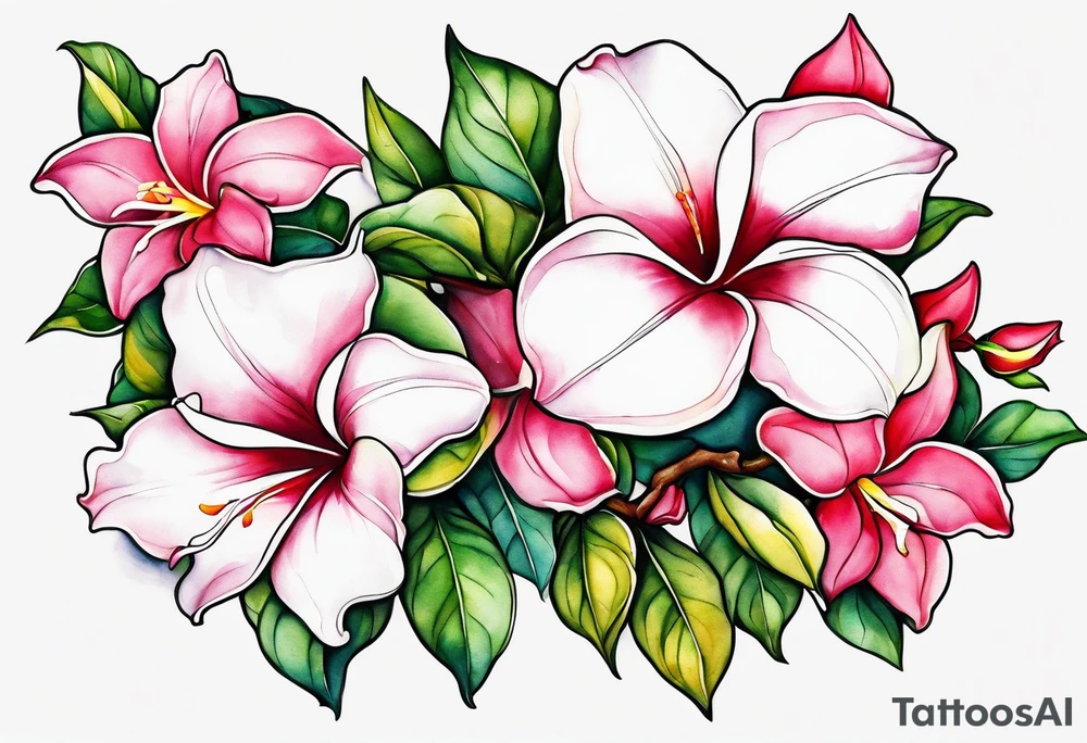 white background, abstract mandevilla flowers on a vine, part of it watercolor, part of it just line work tattoo idea