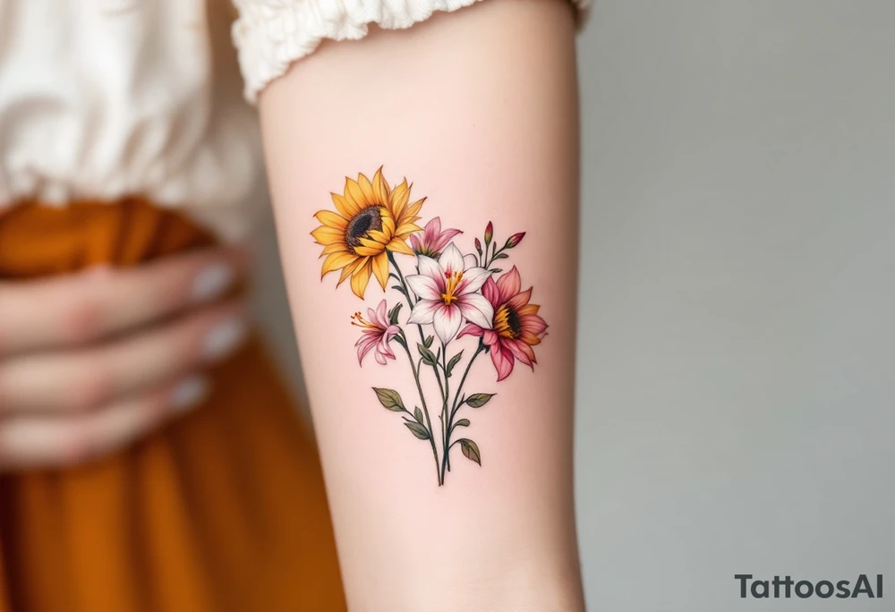 Sunflowers and stargazer lillies in pink and white in a dainty wildflower bouquet with stems tattoo idea