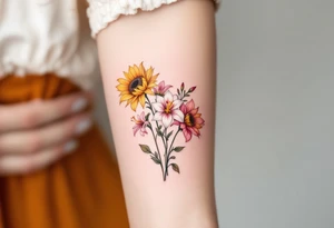 Sunflowers and stargazer lillies in pink and white in a dainty wildflower bouquet with stems tattoo idea