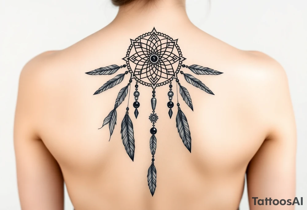 native dreamcatcher with flowing feathers and sacred beads tattoo idea