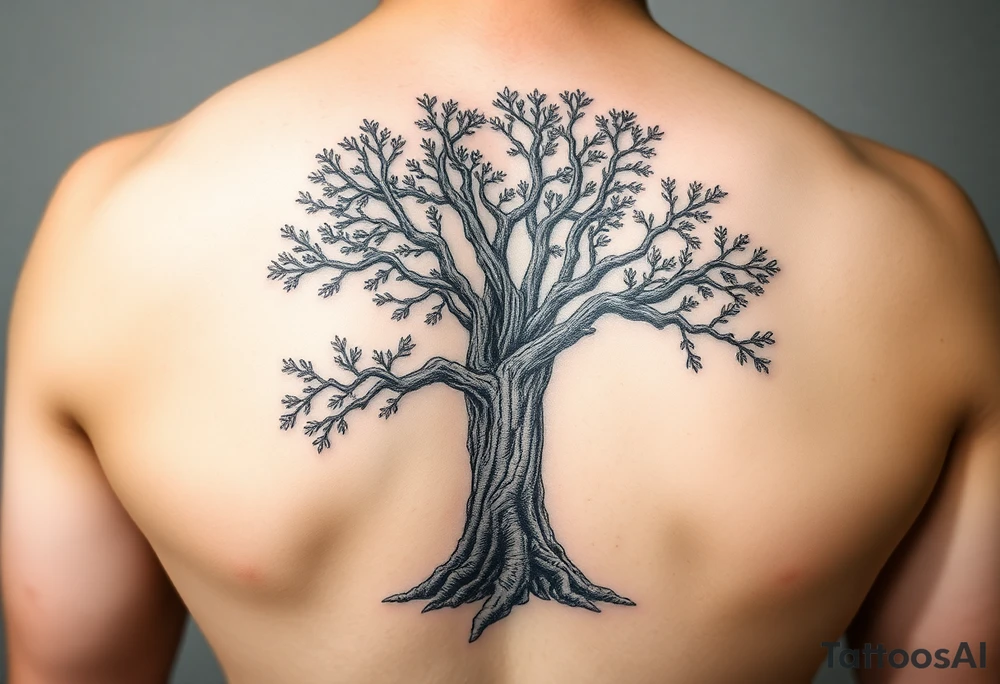Live oak Tree with bark and leaves tattoo idea
