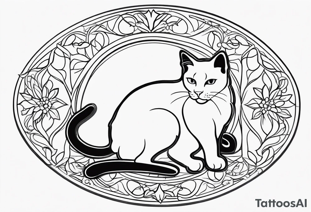 Design a simple outline tattoo of a cat stretching, embodying grace and flexibility, perfect for a subtle yet expressive design tattoo idea