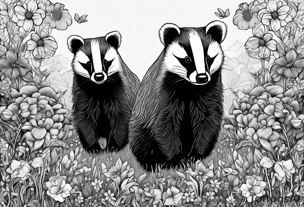Trippy, pair of badger siblings in a field of flowers tattoo idea