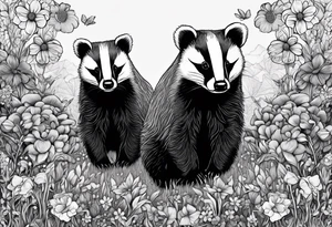 Trippy, pair of badger siblings in a field of flowers tattoo idea
