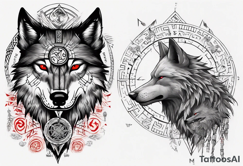 want a half sleeve on my left forearm featuring a side profile of wolf with a vegvisir for its eye and red eye, surrounded by Māori patterns and Norse symbols tattoo idea