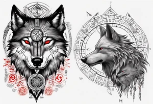 want a half sleeve on my left forearm featuring a side profile of wolf with a vegvisir for its eye and red eye, surrounded by Māori patterns and Norse symbols tattoo idea