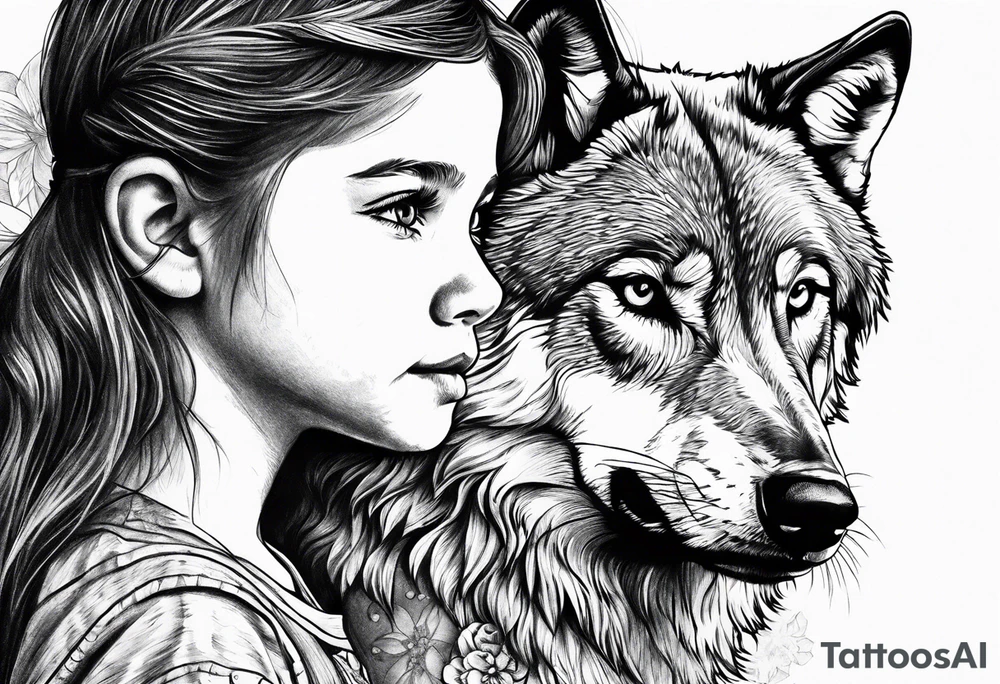 Wolf watching over little girls tattoo idea