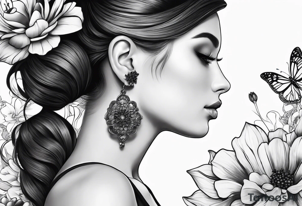 side profile of one women with flower on ear with lady bugs on the flower tattoo idea