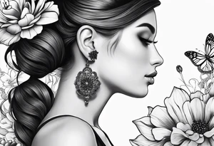 side profile of one women with flower on ear with lady bugs on the flower tattoo idea
