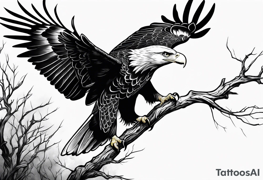 Bold eagle perched on branch tattoo idea
