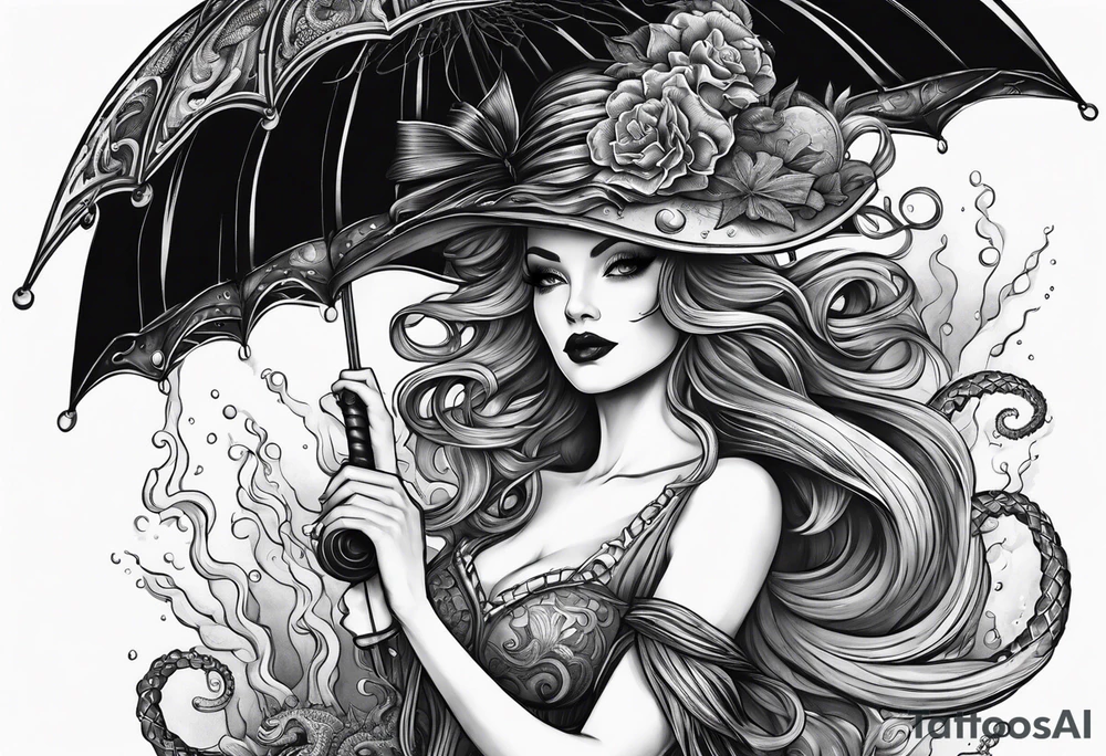 a sea witch with tentacles holding an umbrella tattoo idea