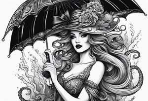 a sea witch with tentacles holding an umbrella tattoo idea