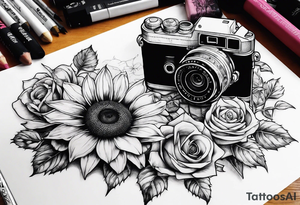 Butterfly, sunflower, camera, book, flower rose tattoo idea Butterfly, sunflower, camera, book, flower rose tattoo idea