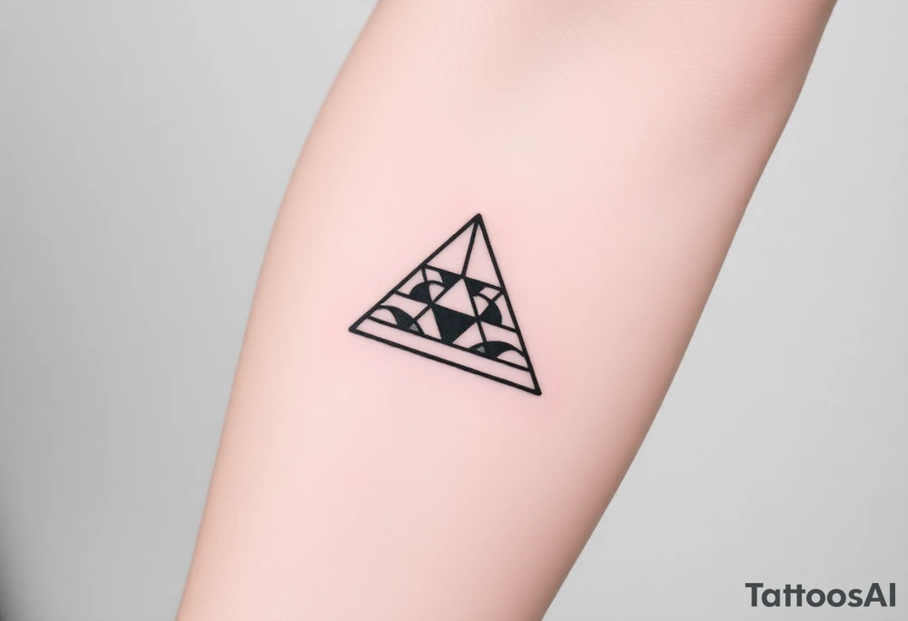 Geometric small triangle with five different lives merge together while being psychedelic with fine thin lines tattoo idea