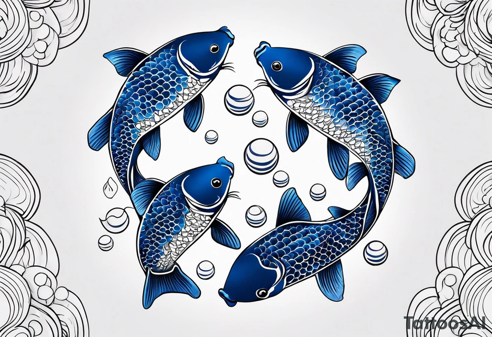 A male and female blue koi fish with three babies and eggs tattoo idea