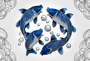 A male and female blue koi fish with three babies and eggs tattoo idea
