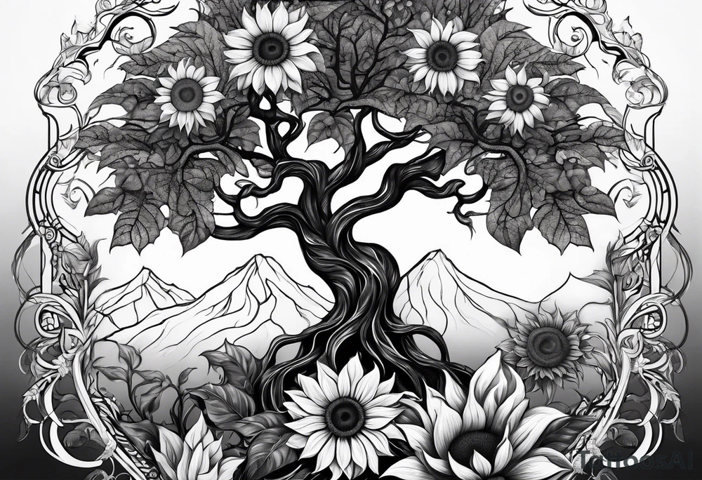 Feminine Yggdrasil tree with two sunflowers tattoo idea