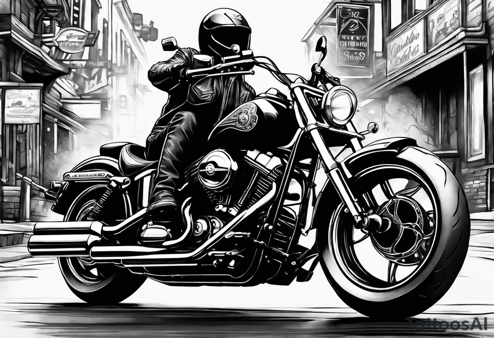 motorcycle  with guns riding at night in the city tattoo idea