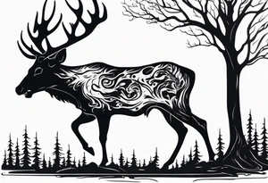 side view of a standing on two legs deer humanoid skull JUST BONE surrounded by a flames and trees tattoo idea