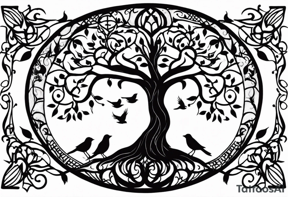 Tree of life with birds, birthdate tattoo idea