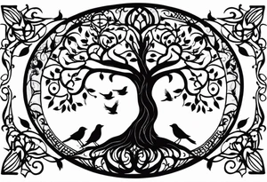 Tree of life with birds, birthdate tattoo idea