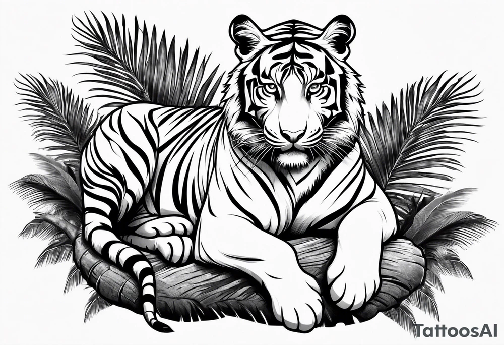 tiger laying on palm tree tattoo idea