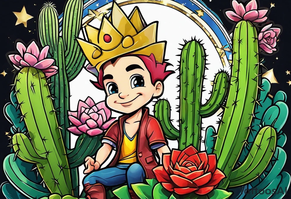 Silly cartoon character prince among men cactus tattoo idea