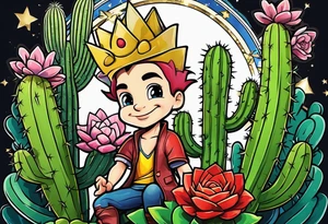 Silly cartoon character prince among men cactus tattoo idea