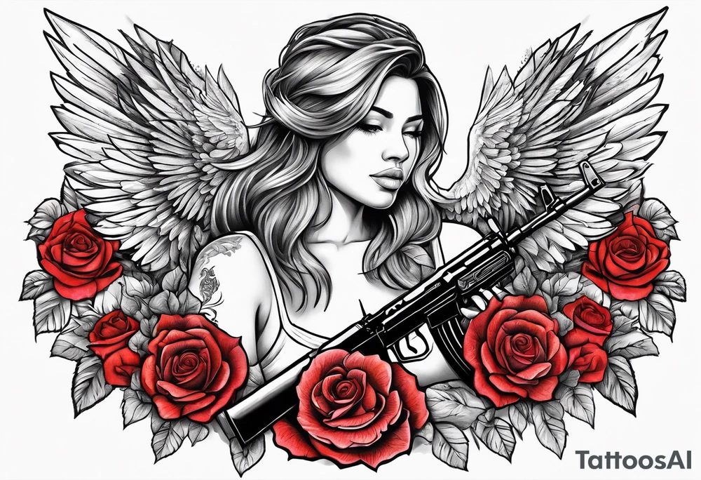 Beautiful angle standing with wings and tattoos surrounded by roses holding a ak 47 tattoo idea