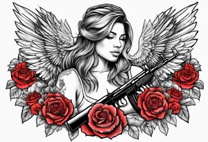 Beautiful angle standing with wings and tattoos surrounded by roses holding a ak 47 tattoo idea
